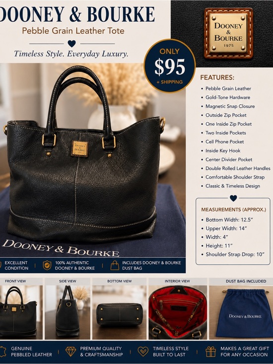 Dooney & Bourke Handbags - Dooney & Bourke Black Pebble Grain Leather Tote with Gold Hardware